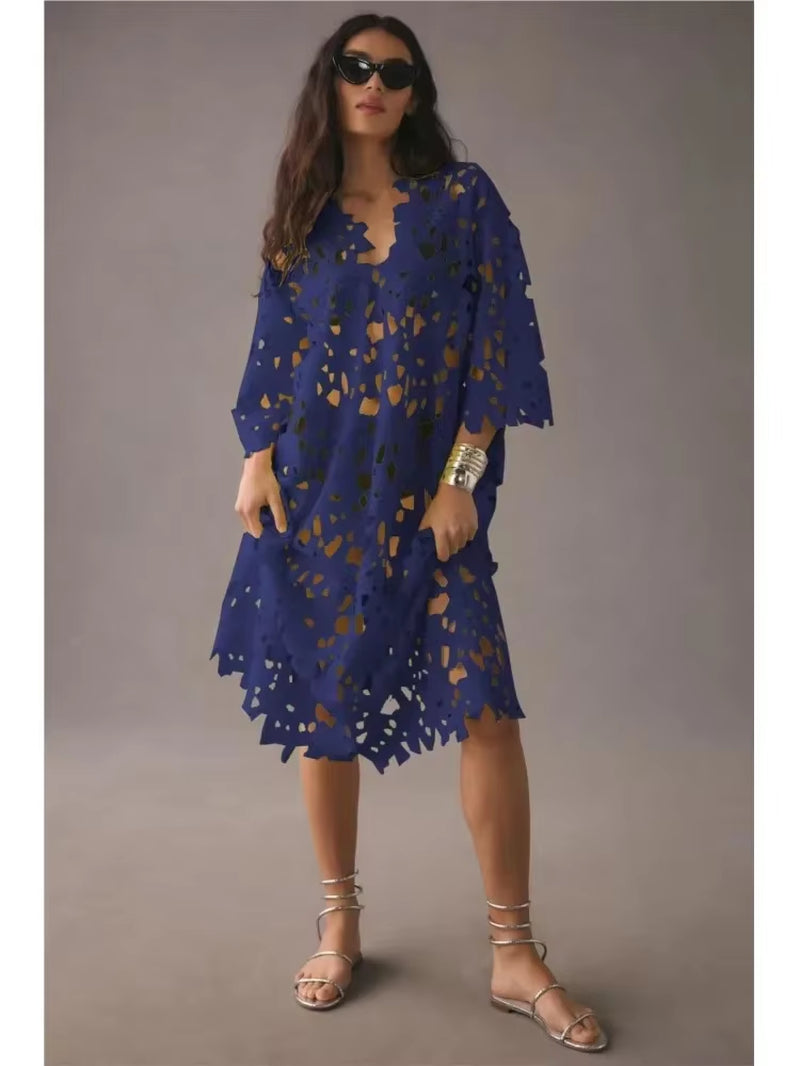 Seductive Elegance: Sexy Lace Hollow Out V-Neck Beach Dress